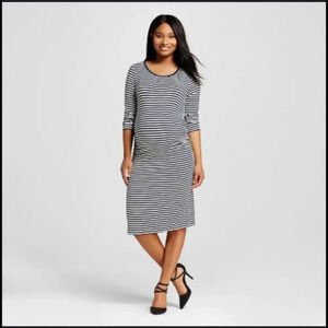 Liz Lange Maternity Women's Navy Blue and White Striped Midi Dress Size Large